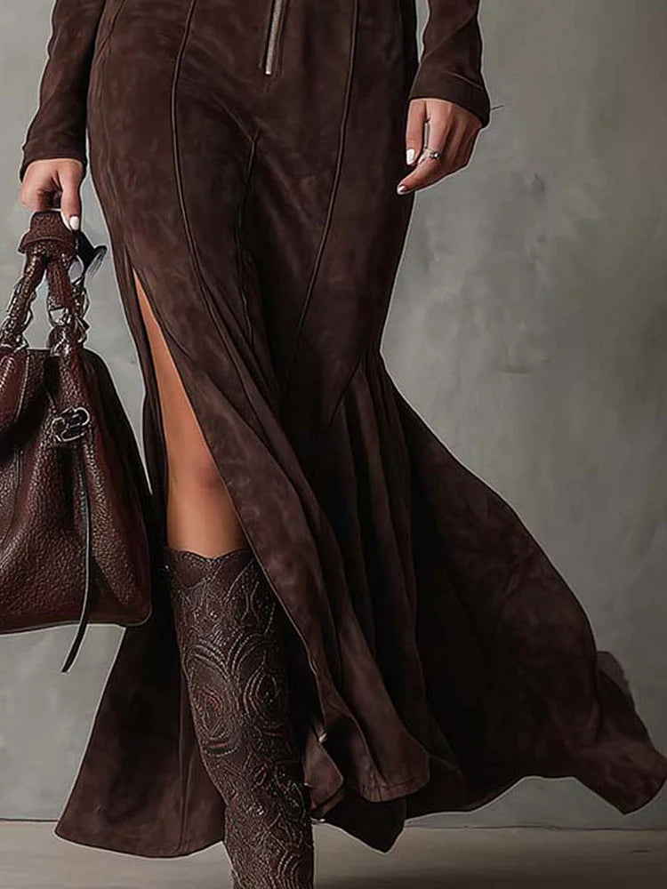 Vintage Brown Belted Maxi Dress with Zipper(Includes belt)