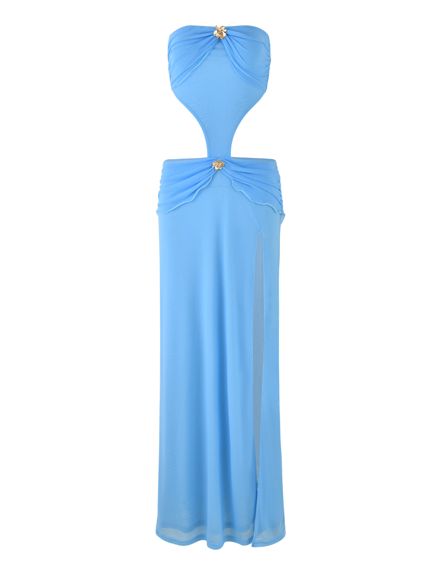 The TIGERMIST KYNLEE DRESS in sky blue is a strapless cut-out dress featuring a fitted silhouette, high thigh slit, and floral gold metal hardware at the bust and waist, with layered draping around the neckline for added elegance.